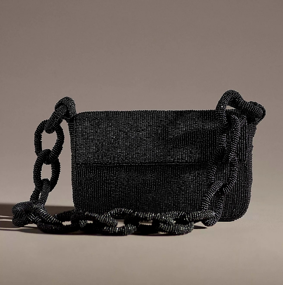 ANTHROPOLOGIE Fiona Beaded Bag Chain Edition Black Beaded Shoulder Bag